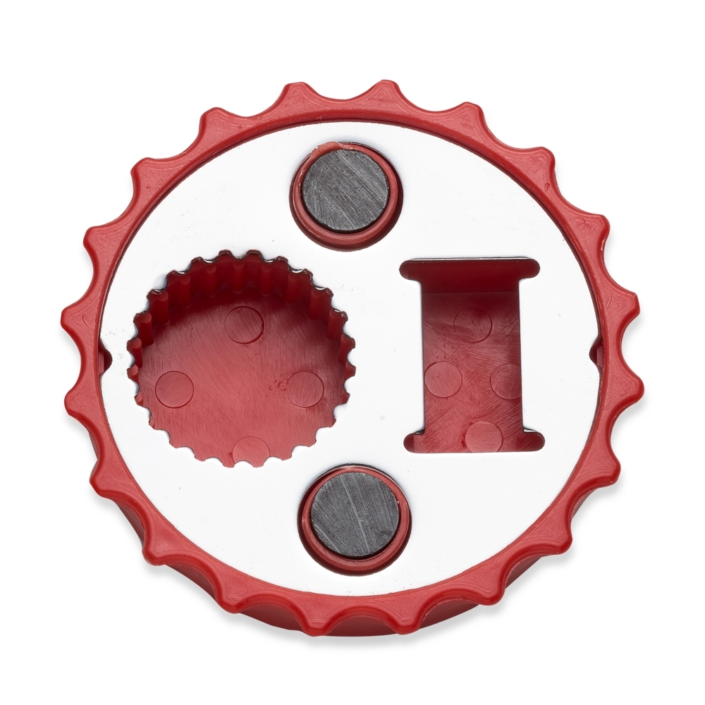 ABRIDOR DE GARRAFA FORMATO TAMPA DE METAL C/ IMÃ DE GELADEIRA  SPX-13324-VM NA COR VERMELHO